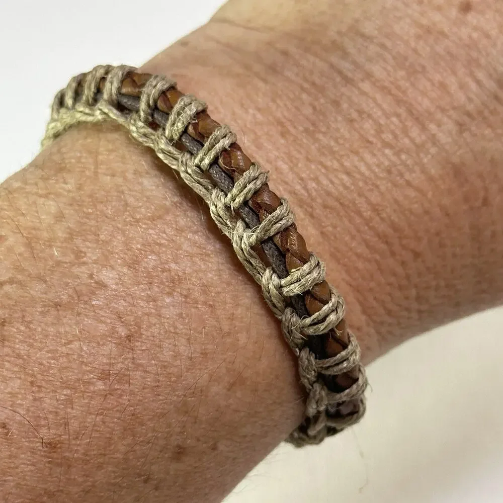 Vtg Jute Leather Loop Beaded Bracelet Earth Tone Brown Tan Handmade Beach Boho